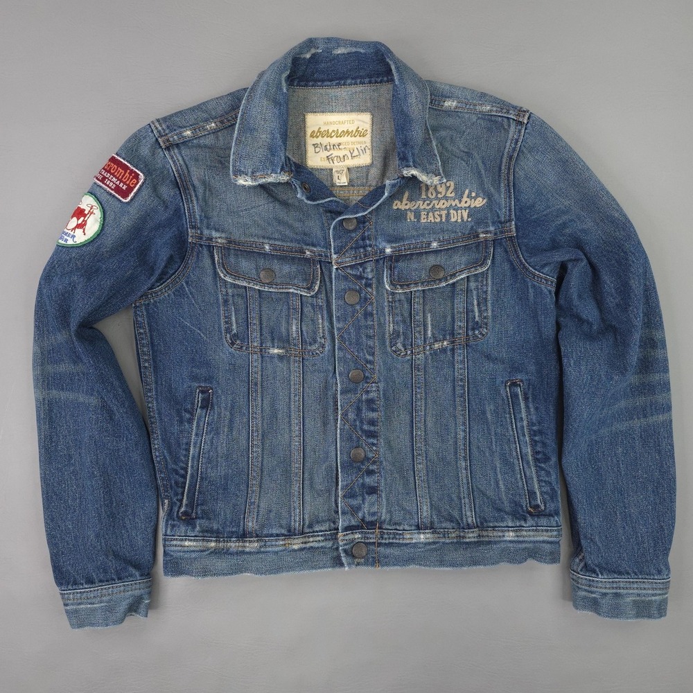 Abercrombie Jacket Boys Large Blue Denim Biker Summer Tour Rock Patches
